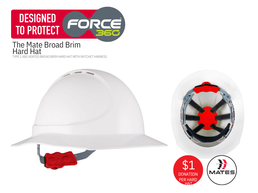 The Mate Type 1 Vented Broad Brim Hard Hat with Ratched Harness